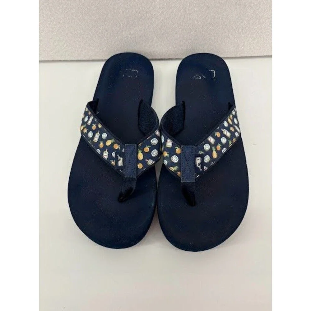 Men's Size 9 Navy Blue Vineyard Vines Canvas Flip Flops Tropical Pattern‎